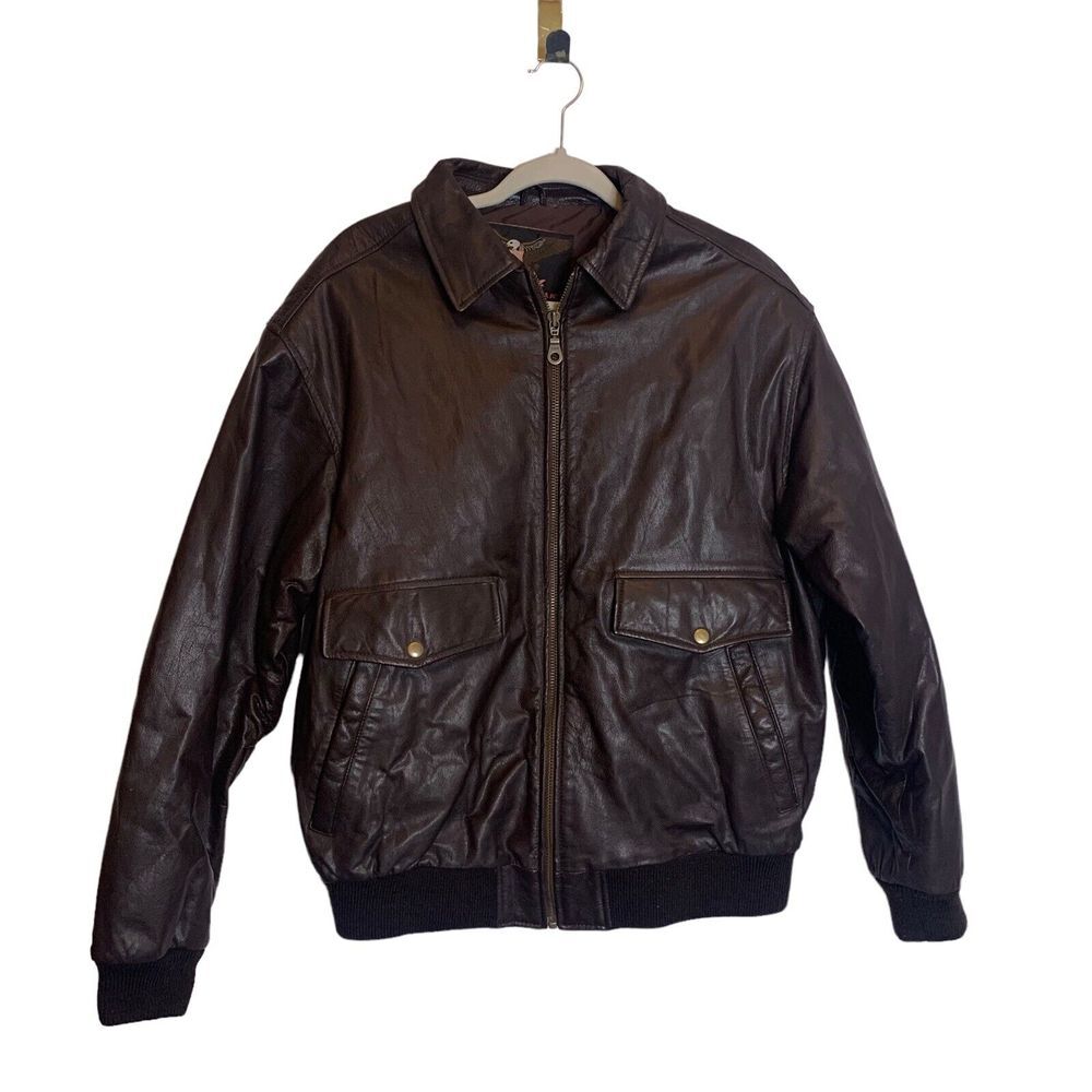 Vanguard Leather of America Jacket Mens Large Bomber Flight Brown Zip Front Coat - Picture 2 of 13